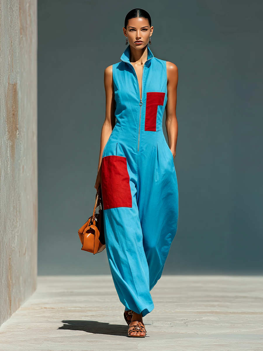 Women’s Blue Linen-Blend Sleeveless Jumpsuit With Red Patch Pockets &amp; Half-Zip Stand Collar MDZ0982E4T