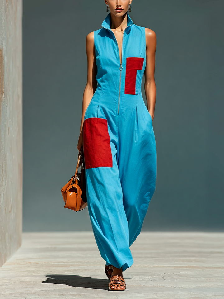 Women’s Blue Linen-Blend Sleeveless Jumpsuit With Red Patch Pockets &amp; Half-Zip Stand Collar MDZ0982E4T