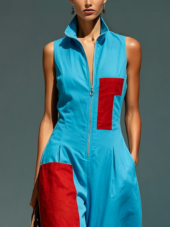Women’s Blue Linen-Blend Sleeveless Jumpsuit With Red Patch Pockets &amp; Half-Zip Stand Collar MDZ0982E4T