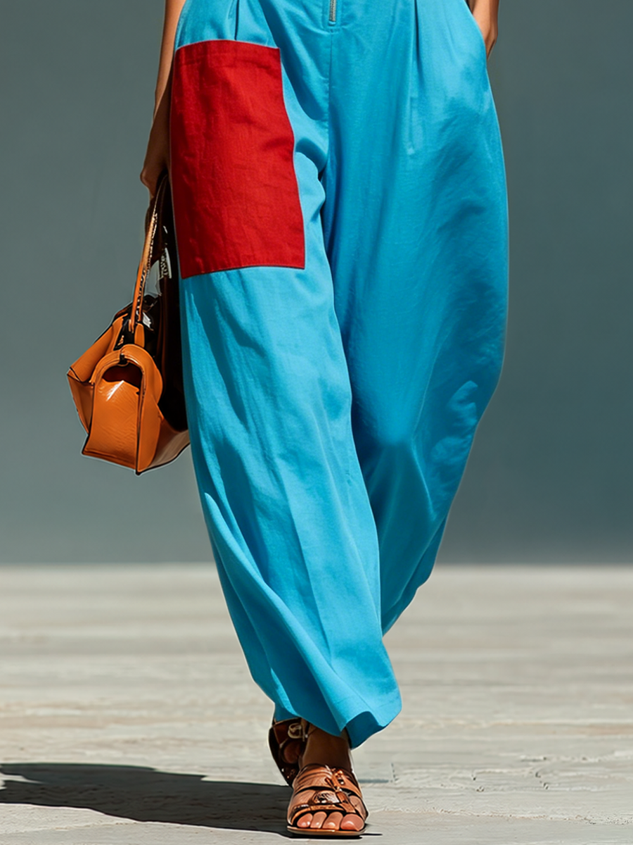 Women’s Blue Linen-Blend Sleeveless Jumpsuit With Red Patch Pockets &amp; Half-Zip Stand Collar MDZ0982E4T