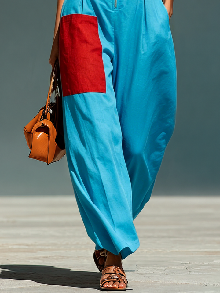 Women’s Blue Linen-Blend Sleeveless Jumpsuit With Red Patch Pockets &amp; Half-Zip Stand Collar MDZ0982E4T