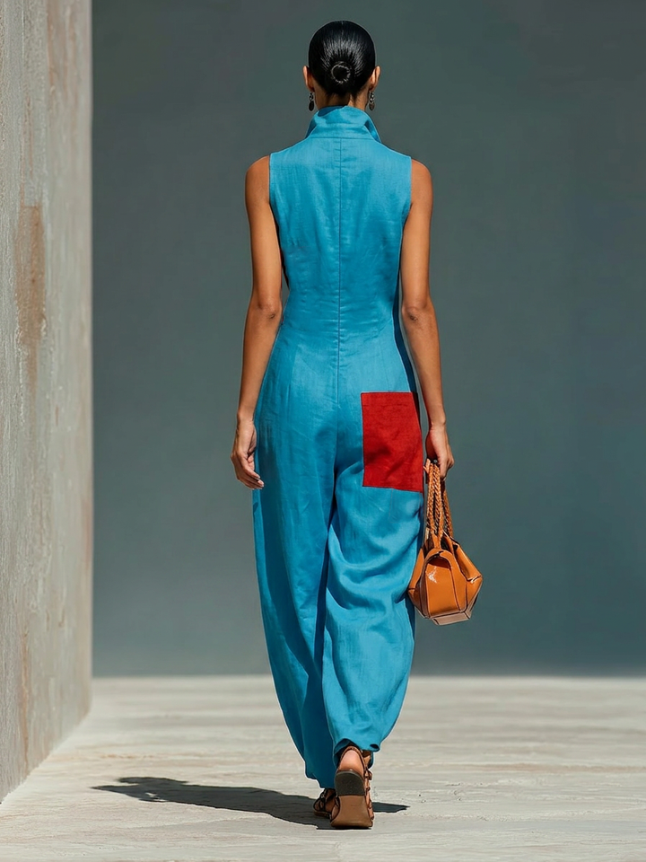 Women’s Blue Linen-Blend Sleeveless Jumpsuit With Red Patch Pockets &amp; Half-Zip Stand Collar MDZ0982E4T