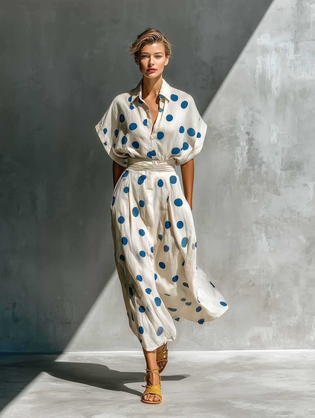 Women’s Off-White Linen-Blend Polka Dot Shirt Dress With Waist Cincher &amp; Pockets MDZ2481D3T