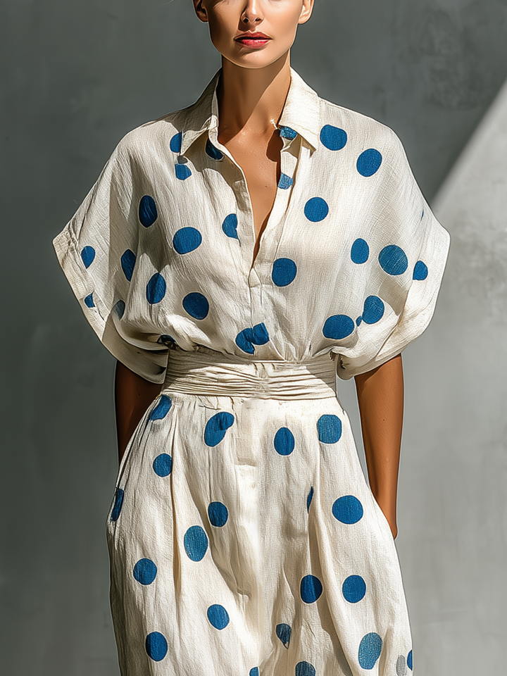 Women’s Off-White Linen-Blend Polka Dot Shirt Dress With Waist Cincher &amp; Pockets MDZ2481D3T