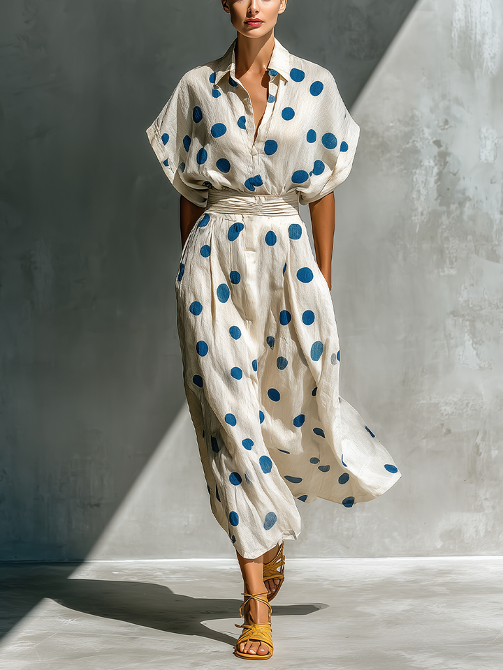 Women’s Off-White Linen-Blend Polka Dot Shirt Dress With Waist Cincher &amp; Pockets MDZ2481D3T