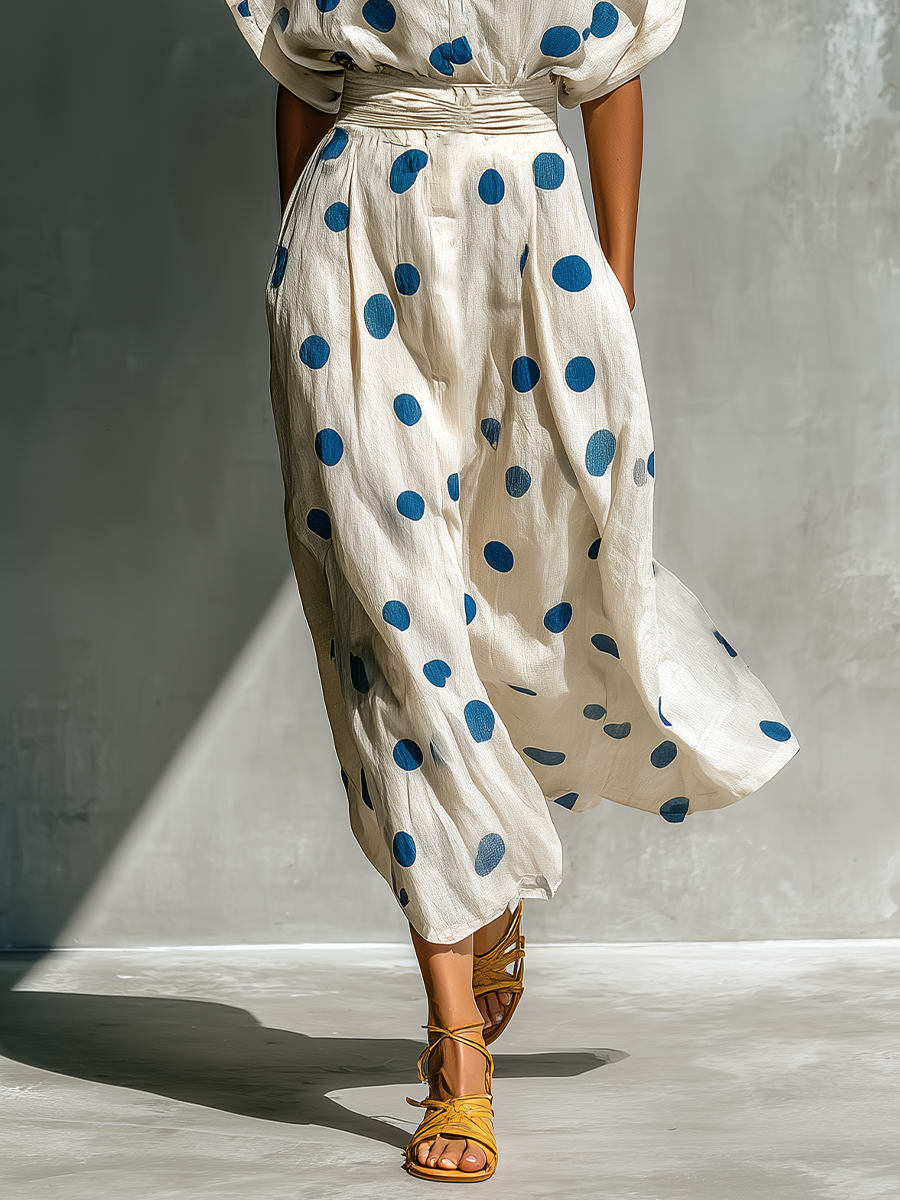 Women’s Off-White Linen-Blend Polka Dot Shirt Dress With Waist Cincher &amp; Pockets MDZ2481D3T