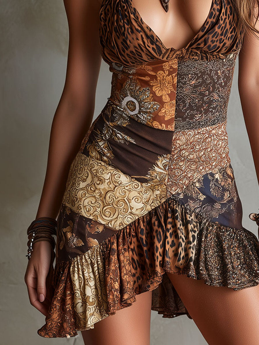 Boho Leopard &amp; Baroque Print  Halter Ruffle Hem Mini Dress