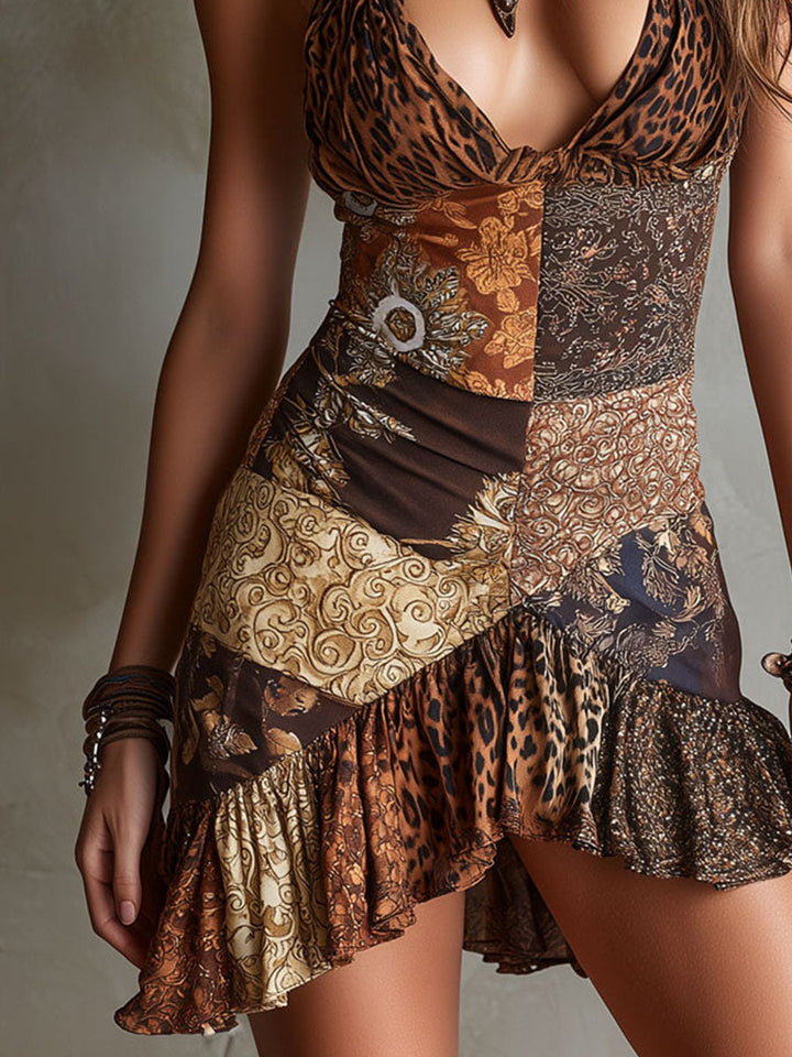 Boho Leopard &amp; Baroque Print  Halter Ruffle Hem Mini Dress