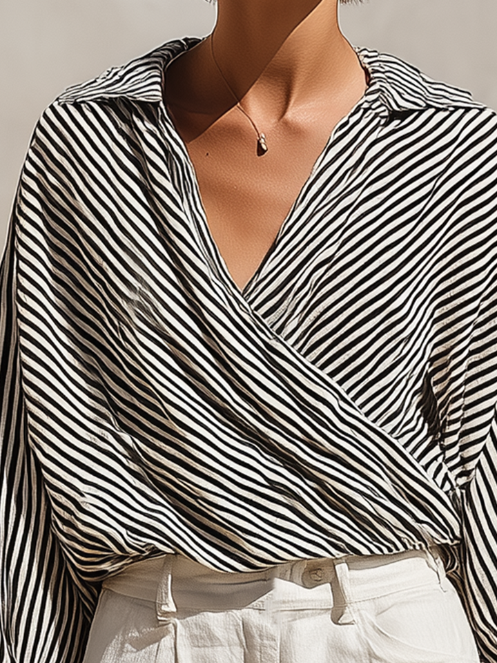 Women’s Black &amp; White Striped Wrap Blouse &amp; White High-Waisted Shorts Two-Piece Set MDZ2724D6T