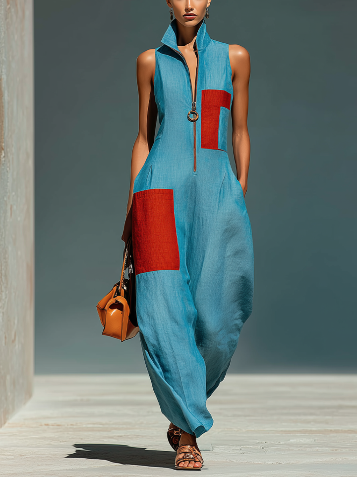 Women’s Blue Linen-Blend Sleeveless Jumpsuit With Red Patch Pockets &amp; Half-Zip Stand Collar MDZ0982E4T