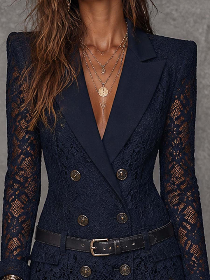 Double Breasted Notched Lapel Long Sleeve Navy Floral Lace Blazer Mini Dress With Belt