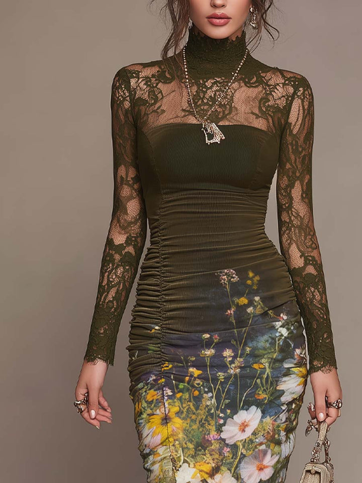 Oil Painting-style Floral Printed Polyester Velvet Midi Dress