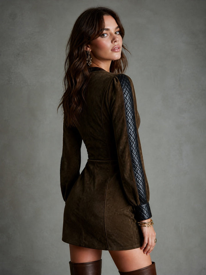 Elegant Vintage Dark Olive Suede Puff Sleeve Mini Dress