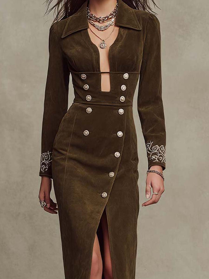 Retro Napoleon Style Embroidered Suede Cuff Slim-fit Midi Dress