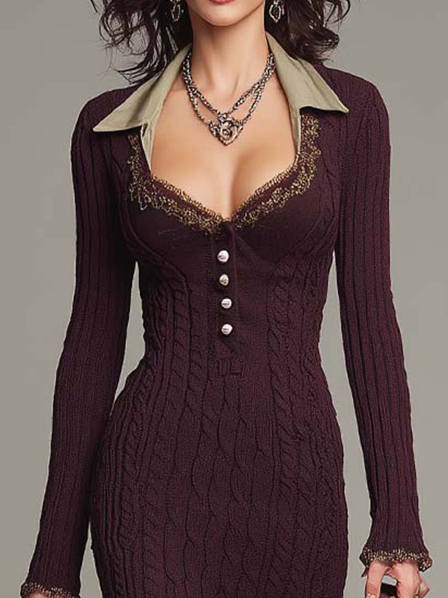 Vintage Berry-Purple Cable-Knit Midi Dress With Contrasting Lace Collar
