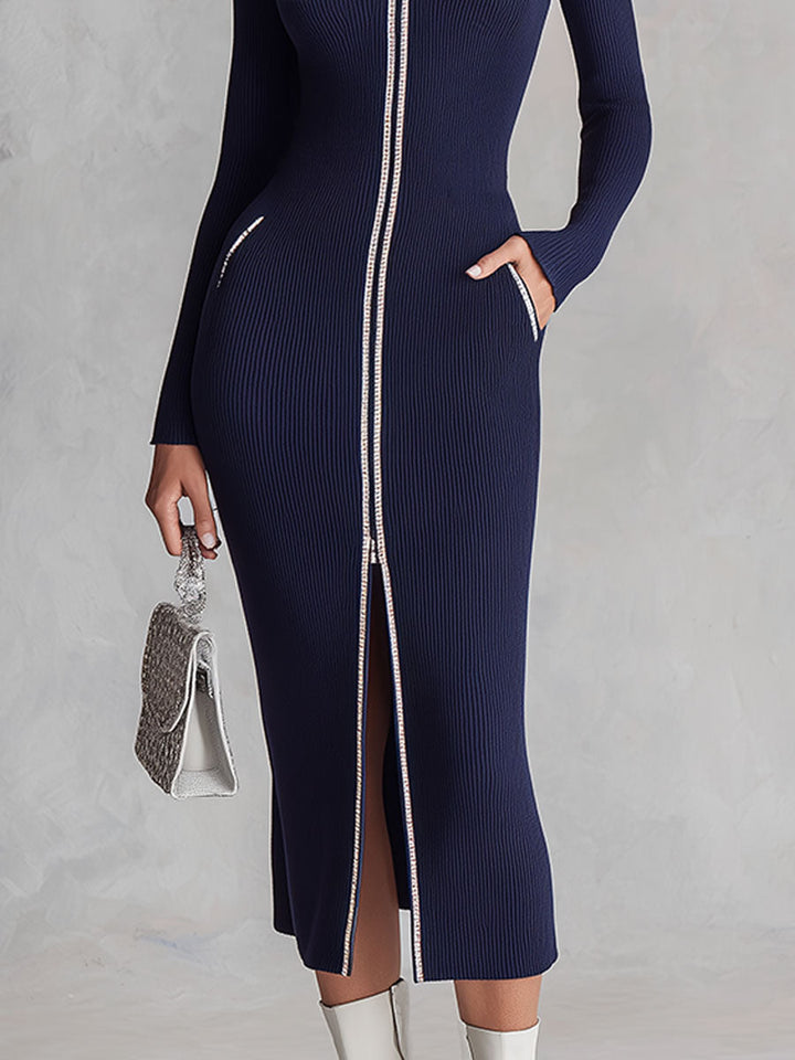 Elegant Two-way Zip Lapel Collar Ribbed-knit Midi Dress With Piped Detailing
