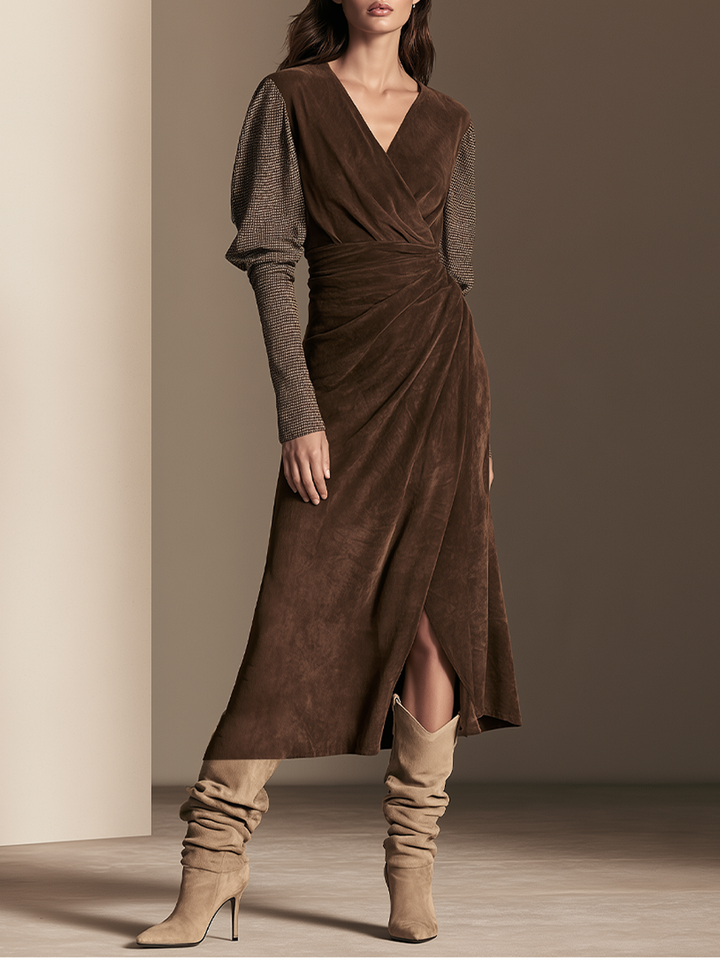 Women’s Mixed‑Fabric Surplice V‑Neck Wrap Dress MDZ0811I3LYL