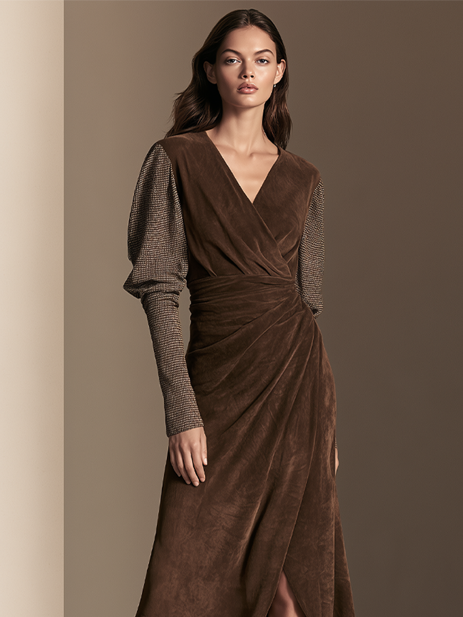 Women’s Mixed‑Fabric Surplice V‑Neck Wrap Dress MDZ0811I3LYL