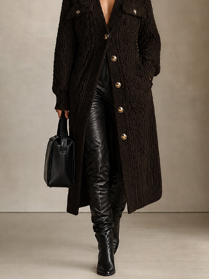 Women’s Collared Cable‑Knit Long Knit Cardigan MDZ0831I5LYL