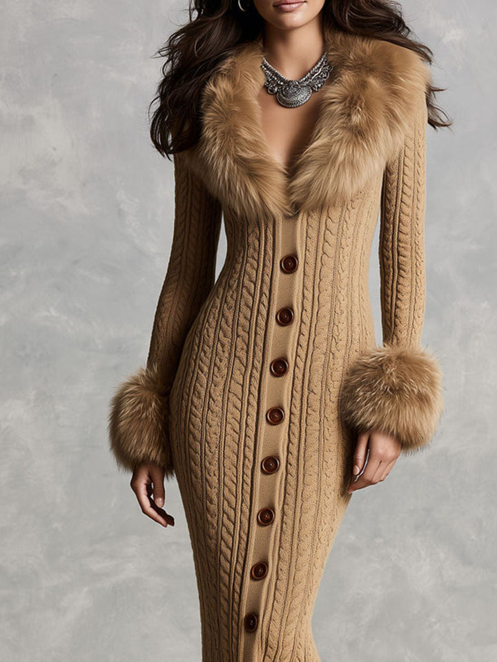 Retro Camel Faux Fur Collar &amp; Cuffs Knit Sweater Midi Dress