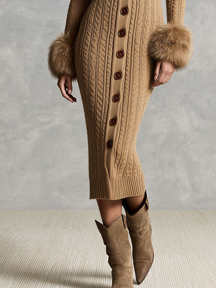 Retro Camel Faux Fur Collar &amp; Cuffs Knit Sweater Midi Dress