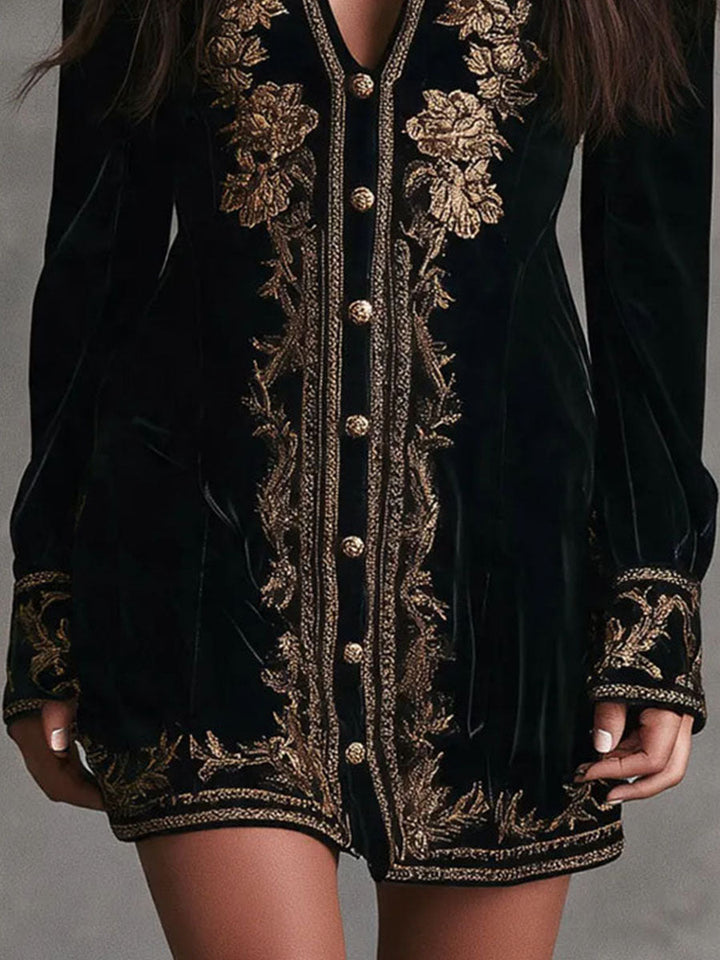 Boho Retro Gold Embroidered Velvet Mini Dress