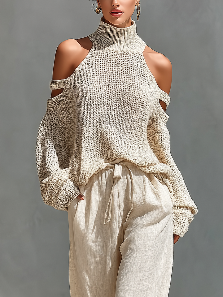 Thalia - Beige Knit Off-Shoulder Turtleneck Top &amp; Wide Leg Pants Set