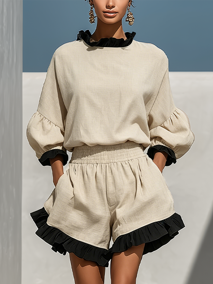 Women’s Beige Linen-Blend Contrast Ruffle Trim Long Sleeve Blouse &amp; High-Waisted Ruffle Hem Shorts Two-Piece Set MDZ1018D0T
