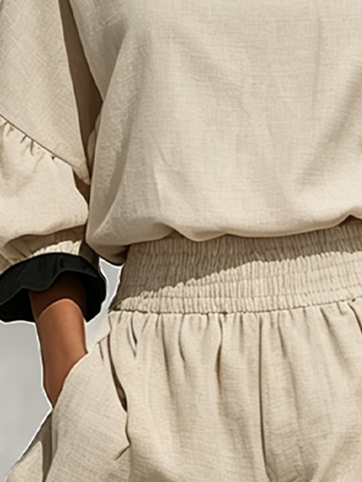 Women’s Beige Linen-Blend Contrast Ruffle Trim Long Sleeve Blouse &amp; High-Waisted Ruffle Hem Shorts Two-Piece Set MDZ1018D0T