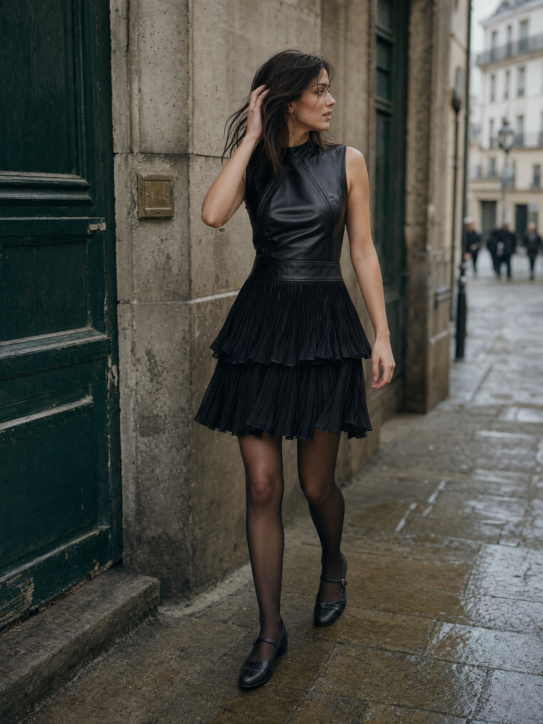 Chic Black Eco Leather &amp; Pleated Chiffon Tiered Skirt Mini Dress