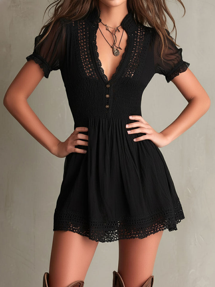 Classic Muse Smocked Lace-Trim Black  Mini Dress