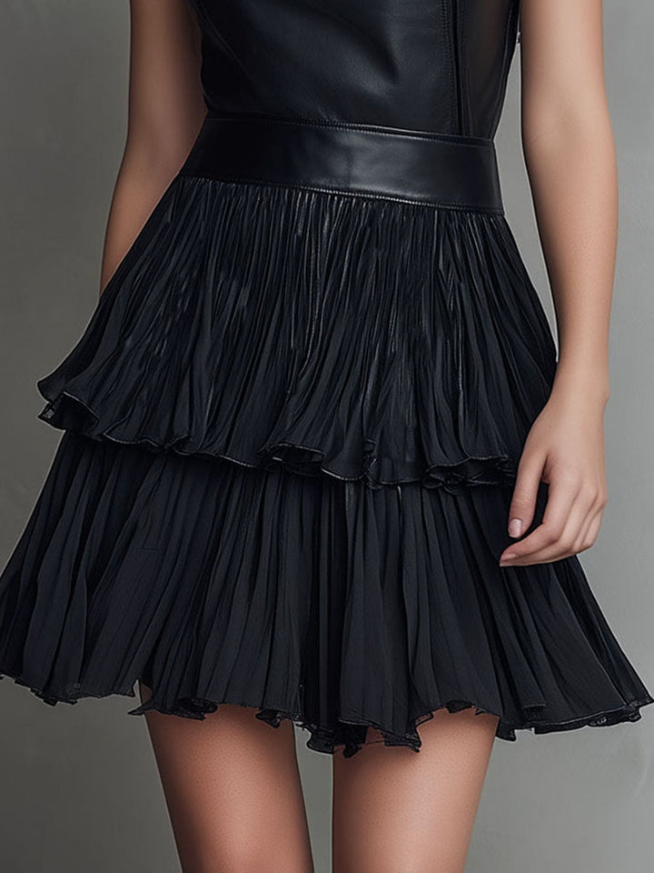 Chic Black Eco Leather &amp; Pleated Chiffon Tiered Skirt Mini Dress
