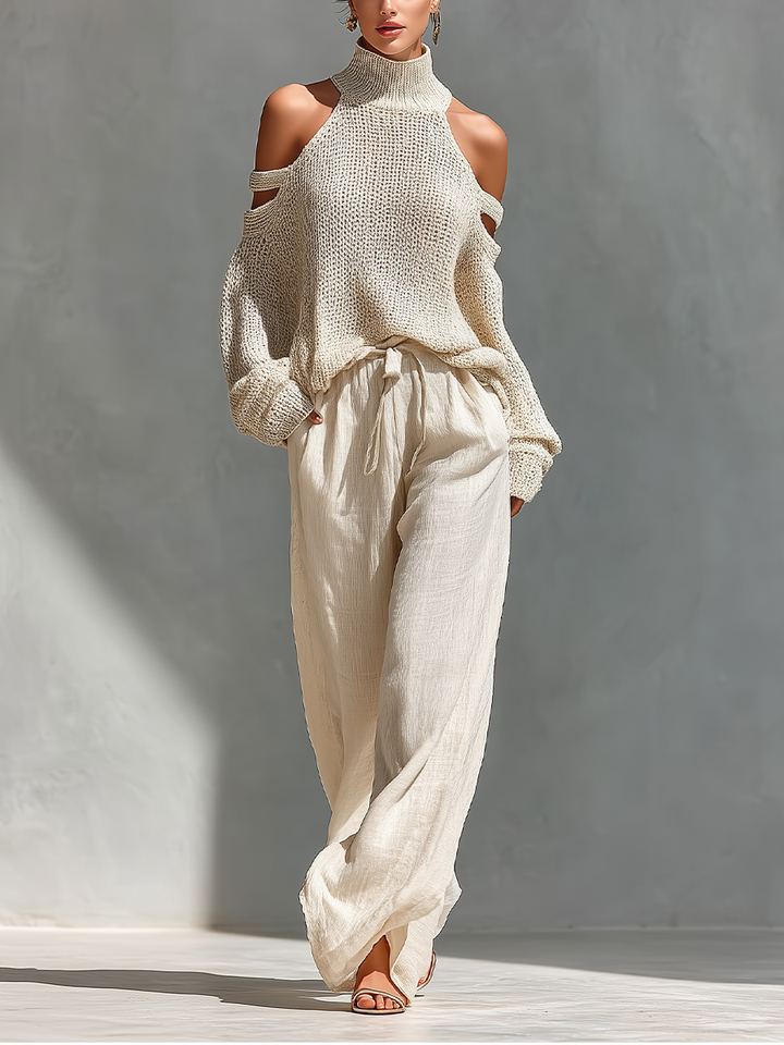 Thalia - Beige Knit Off-Shoulder Turtleneck Top &amp; Wide Leg Pants Set