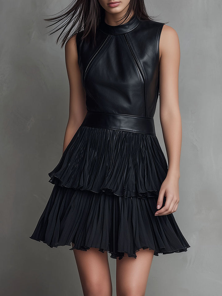 Chic Black Eco Leather &amp; Pleated Chiffon Tiered Skirt Mini Dress