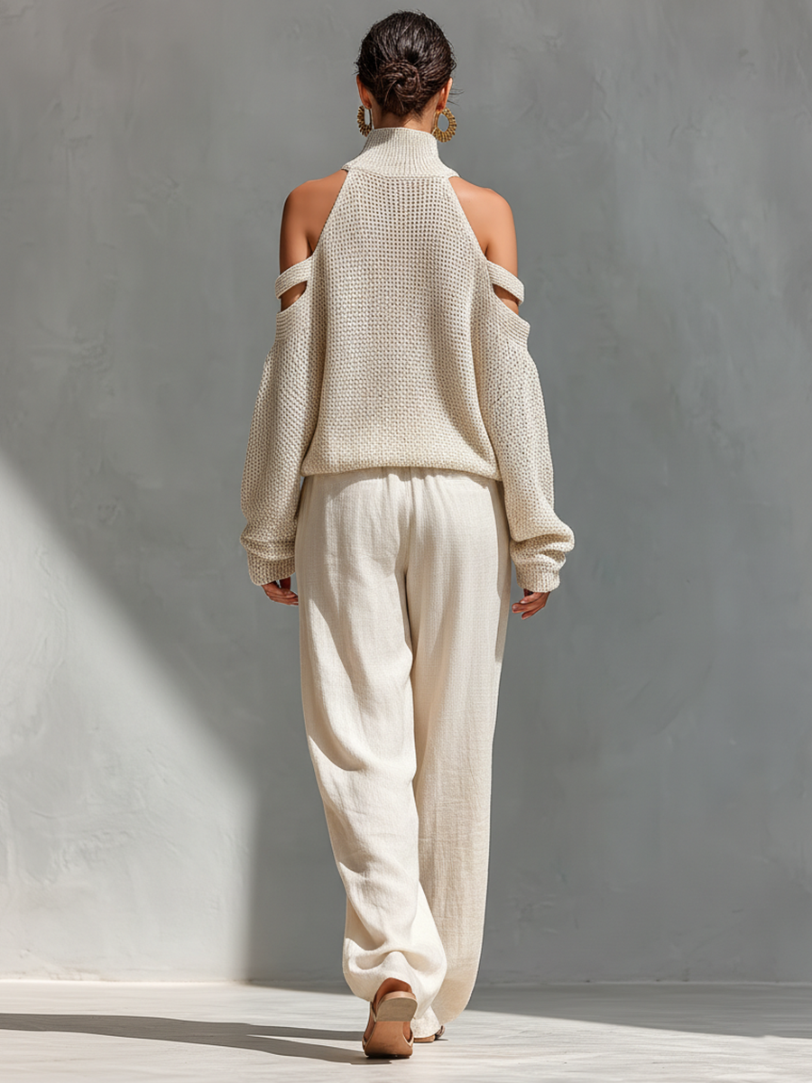 Thalia - Beige Knit Off-Shoulder Turtleneck Top &amp; Wide Leg Pants Set