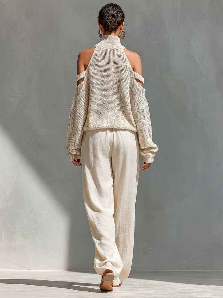 Thalia - Beige Knit Off-Shoulder Turtleneck Top &amp; Wide Leg Pants Set