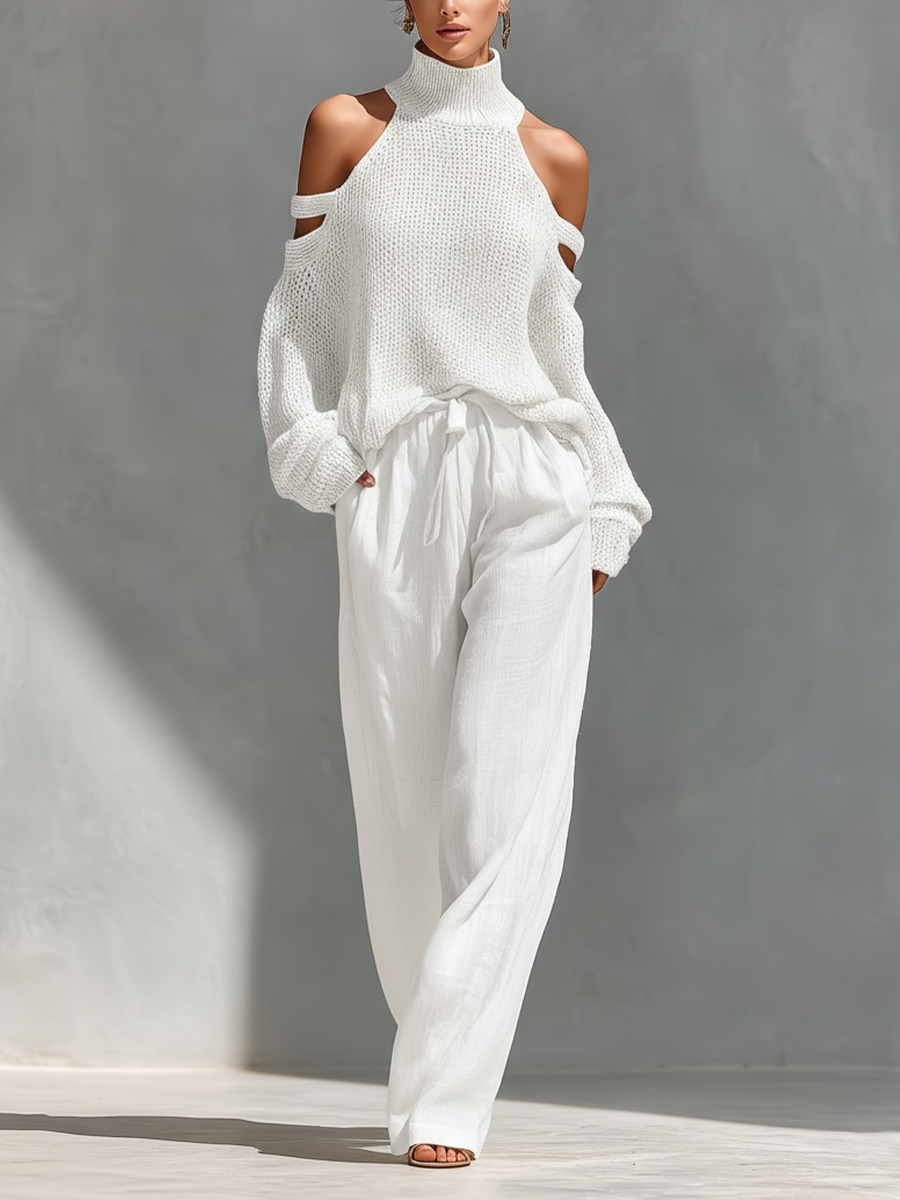 Thalia - Beige Knit Off-Shoulder Turtleneck Top &amp; Wide Leg Pants Set