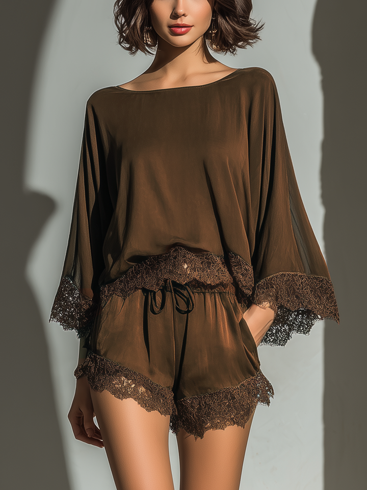 Alice - Chocolate Satin Boat Neck Top &amp; Shorts Set