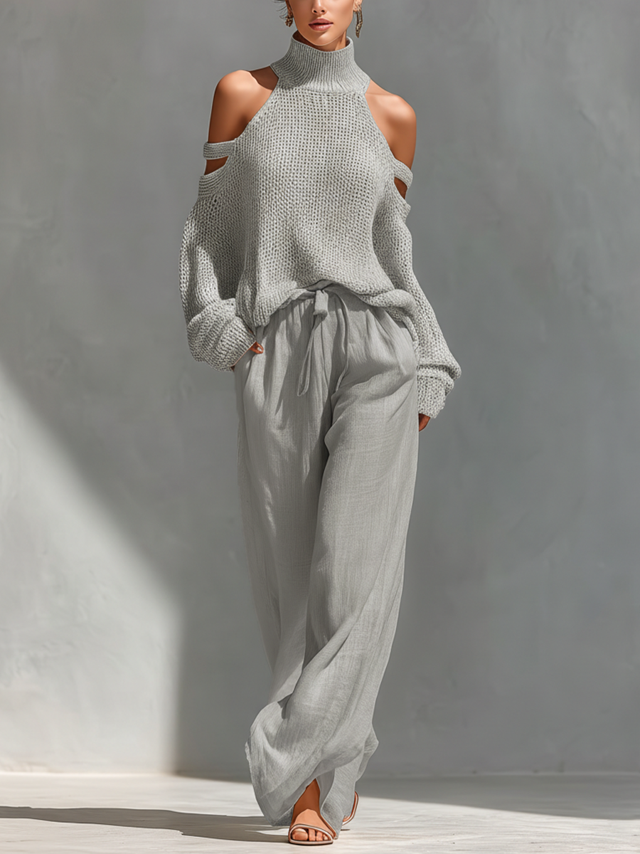 Thalia - Beige Knit Off-Shoulder Turtleneck Top &amp; Wide Leg Pants Set