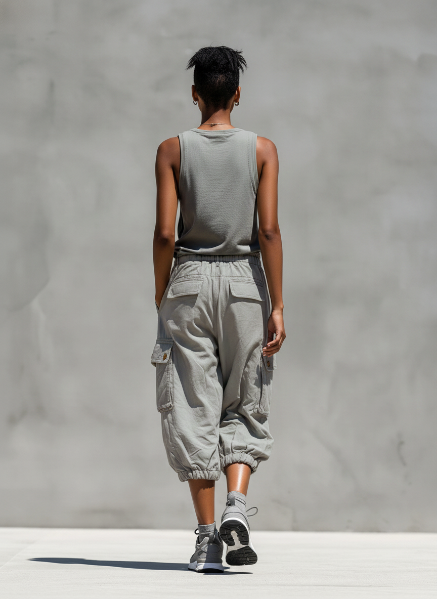 Women’s Grey Sleeveless Tank Top &amp; Cargo Jogger Shorts Two-Piece Set MDZ0853E1T