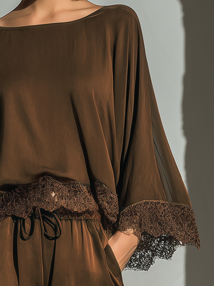 Alice - Chocolate Satin Boat Neck Top &amp; Shorts Set