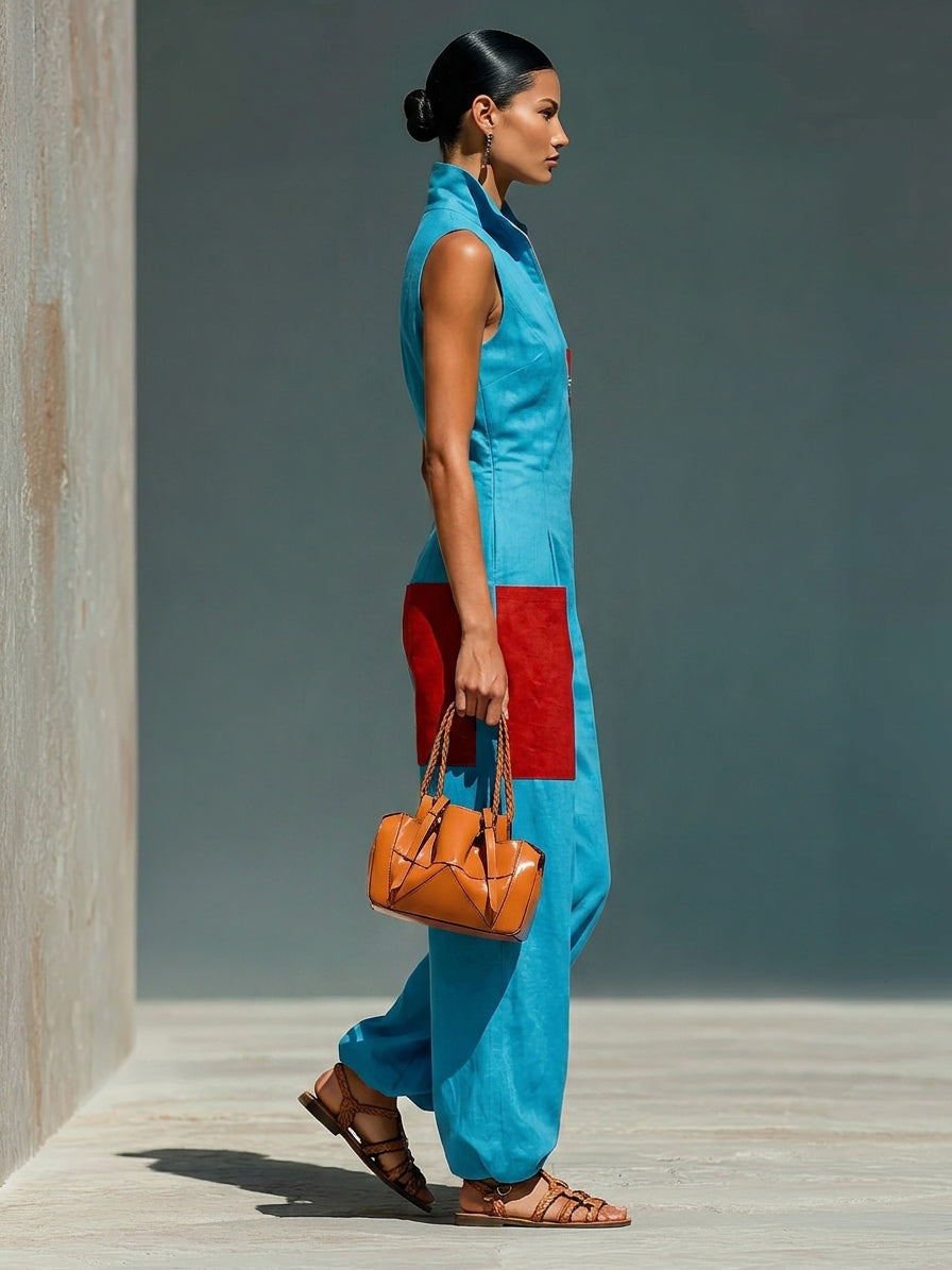 Women’s Blue Linen-Blend Sleeveless Jumpsuit With Red Patch Pockets &amp; Half-Zip Stand Collar MDZ0982E4T