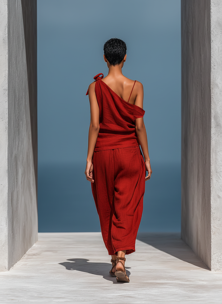 Women’s RedTwo-Piece Set: Asymmetrical One-Shoulder Top (Without Neck Scarf) &amp; Wide-Leg Pants With Pockets MDZ2201D4T
