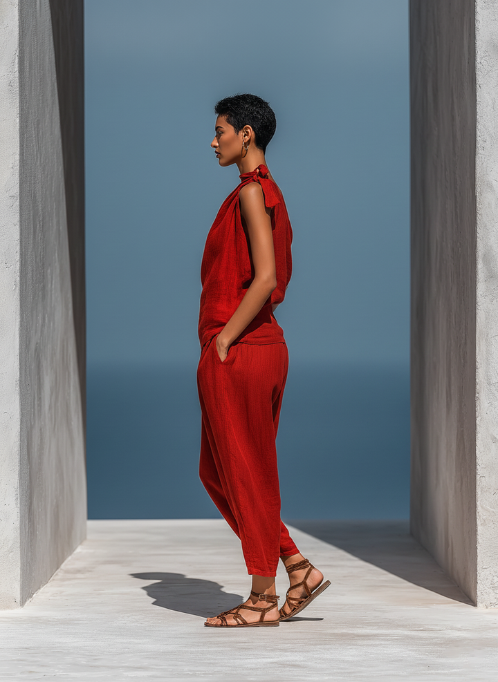 Women’s RedTwo-Piece Set: Asymmetrical One-Shoulder Top (Without Neck Scarf) &amp; Wide-Leg Pants With Pockets MDZ2201D4T