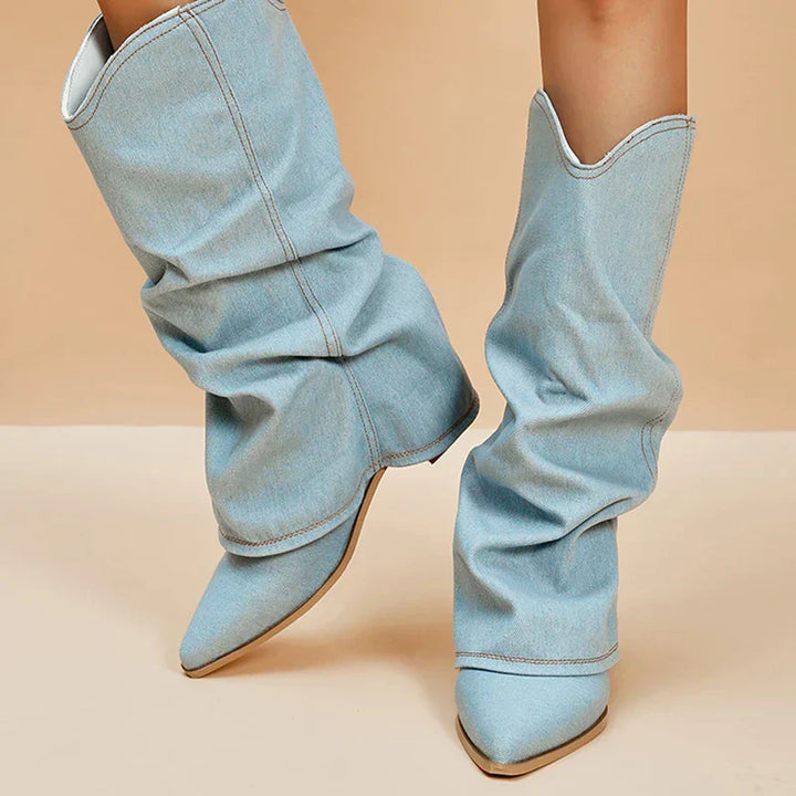 Leona - Denim Knee-High Boots with Chunky Heel