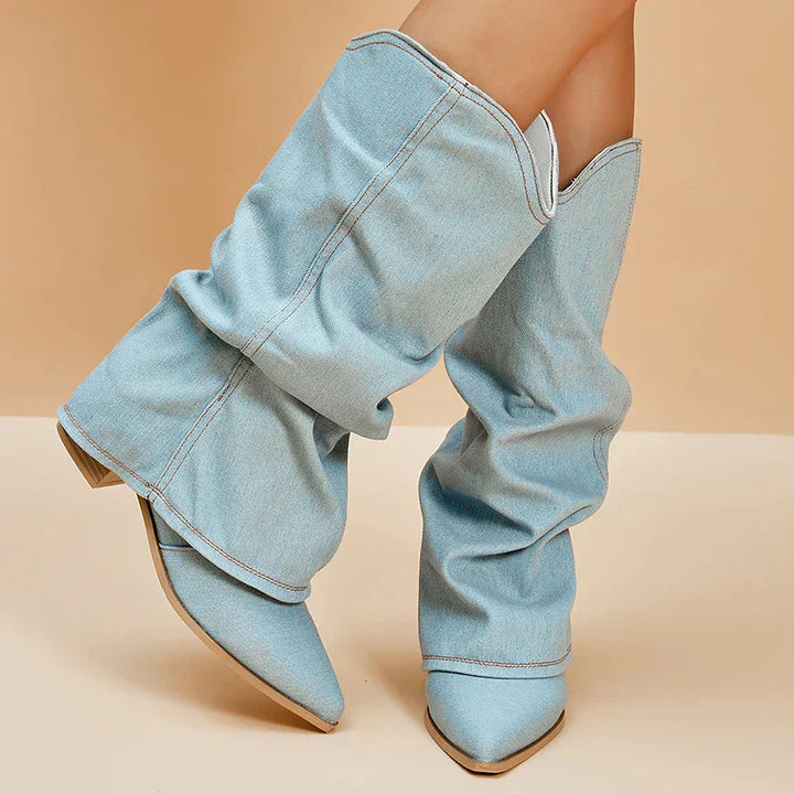 Leona - Denim Knee-High Boots with Chunky Heel