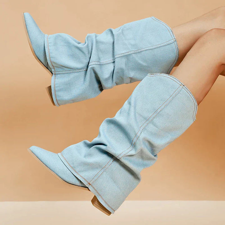 Leona - Denim Knee-High Boots with Chunky Heel