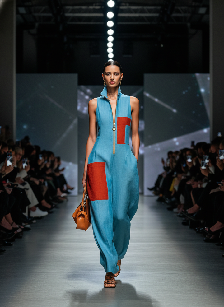 Women’s Blue Linen-Blend Sleeveless Jumpsuit With Red Patch Pockets &amp; Half-Zip Stand Collar MDZ0982E4T