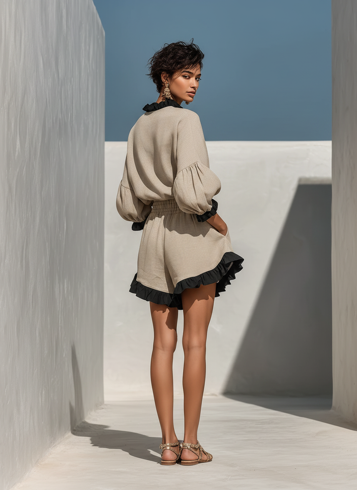 Women’s Beige Linen-Blend Contrast Ruffle Trim Long Sleeve Blouse &amp; High-Waisted Ruffle Hem Shorts Two-Piece Set MDZ1018D0T