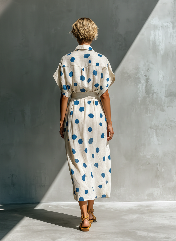 Women’s Off-White Linen-Blend Polka Dot Shirt Dress With Waist Cincher &amp; Pockets MDZ2481D3T